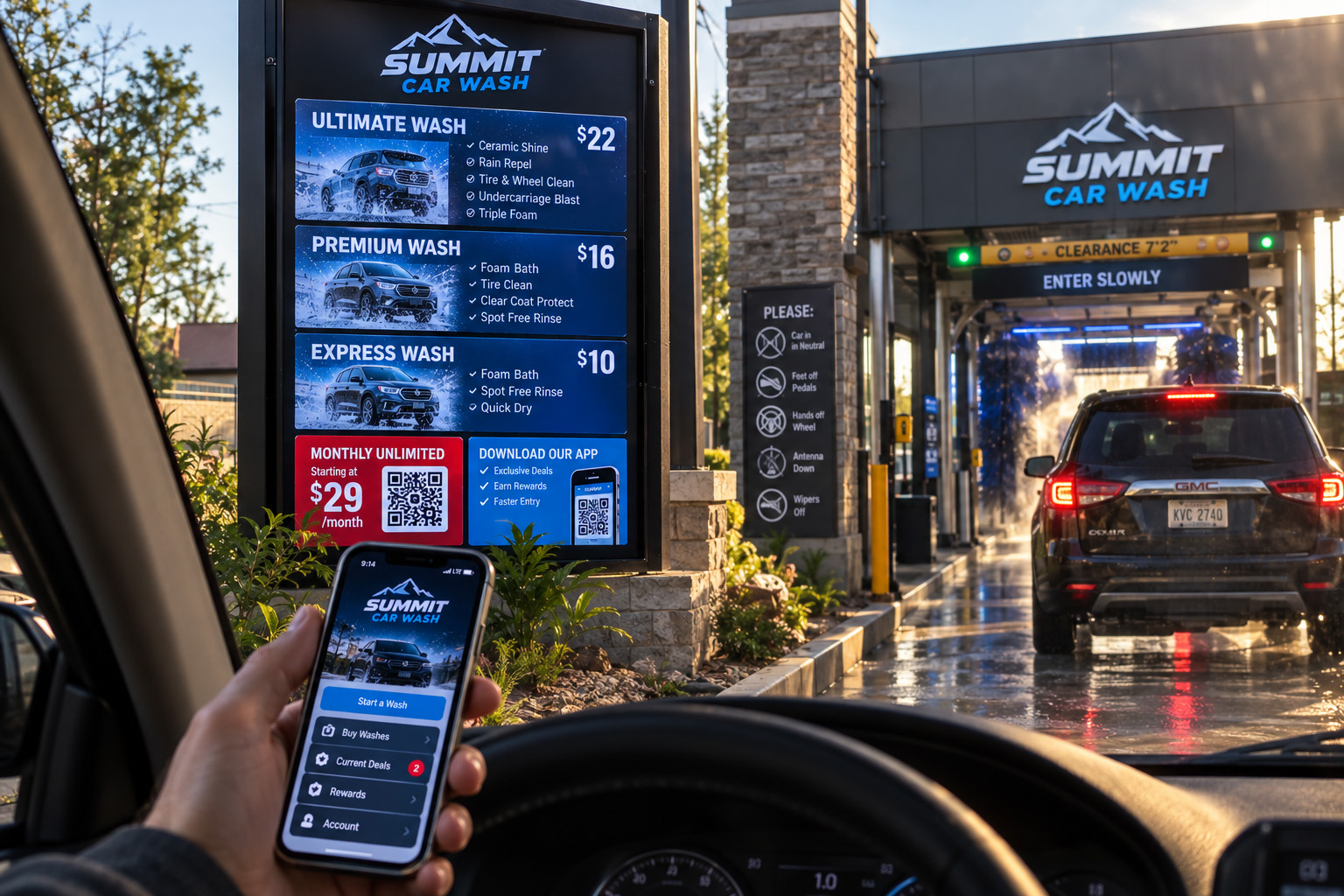 Digital car wash menu with mobile customer experience