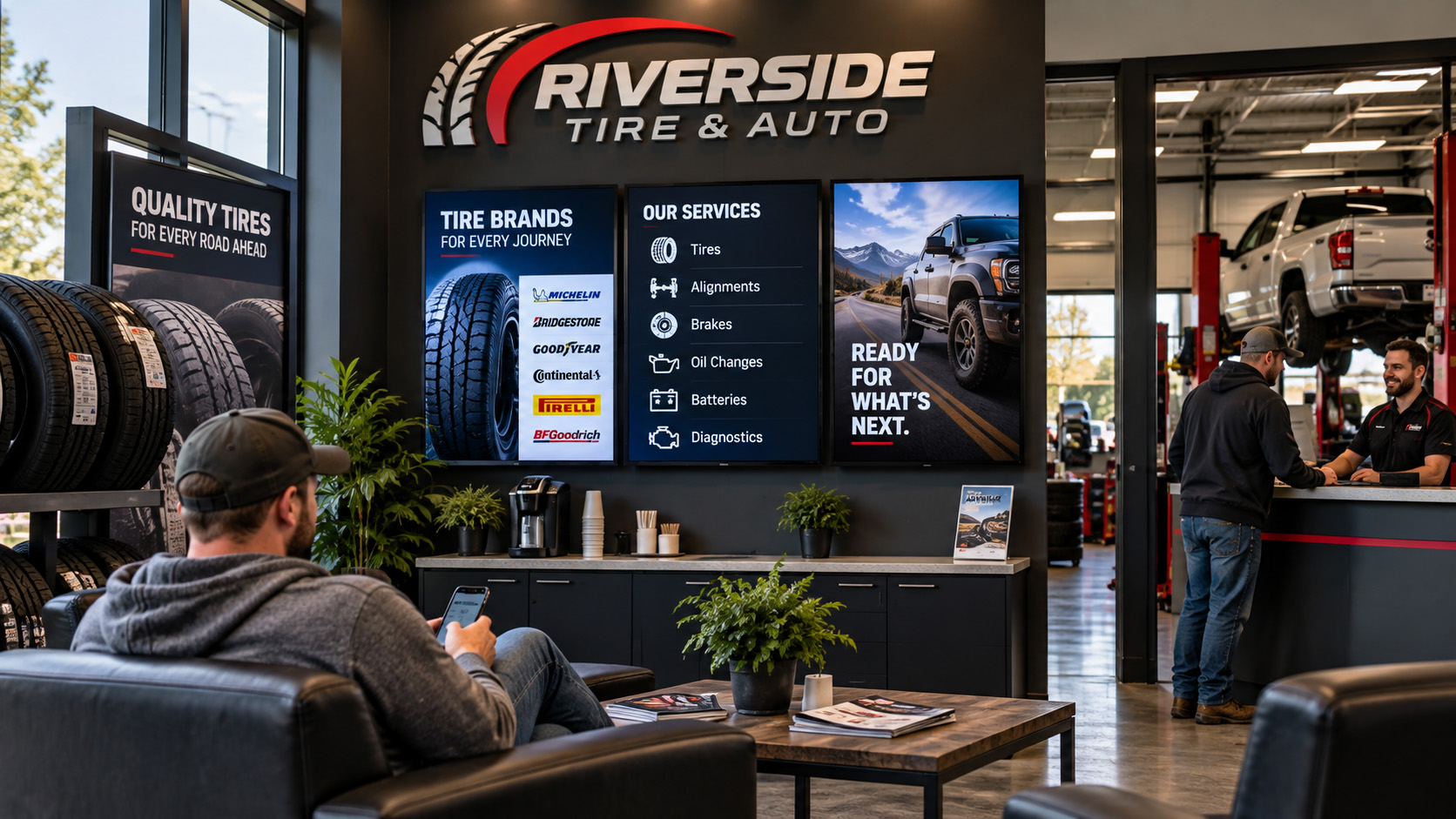 Modern tire shop using digital menu and service displays